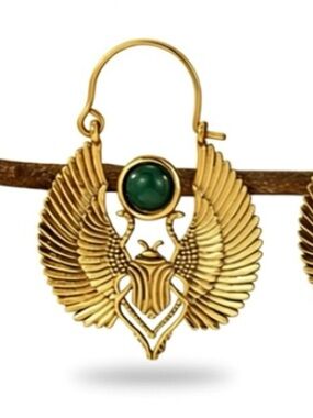 Gold Tone Hoop Style Earrings with Green Jewel Accent.